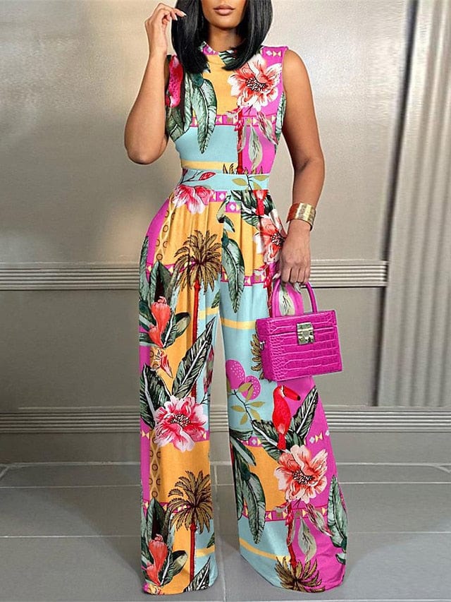 Floral Print Sleeveless Jumpsuit for Women - Black/Yellow/Pink Summer Fashion