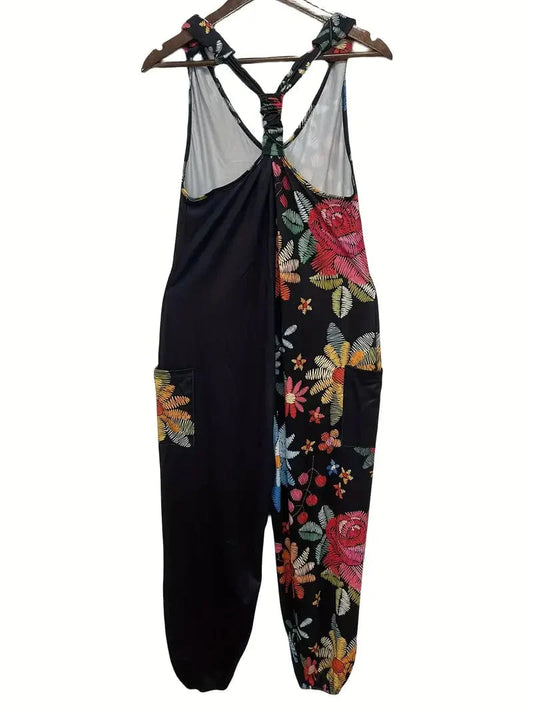 Floral Print V Neck Jumpsuit with Patched Pockets, Sleeveless Design, Straight Leg Style for Women
