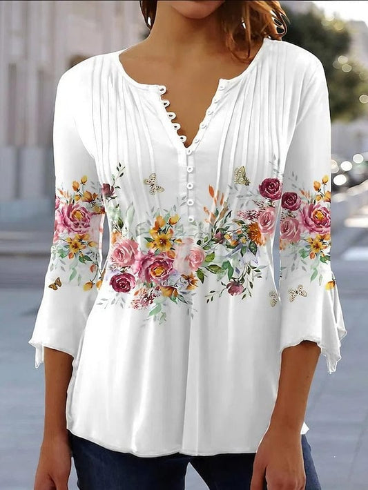 Floral Print Women's Blouse with 3/4 Length Sleeves and Regular Fit