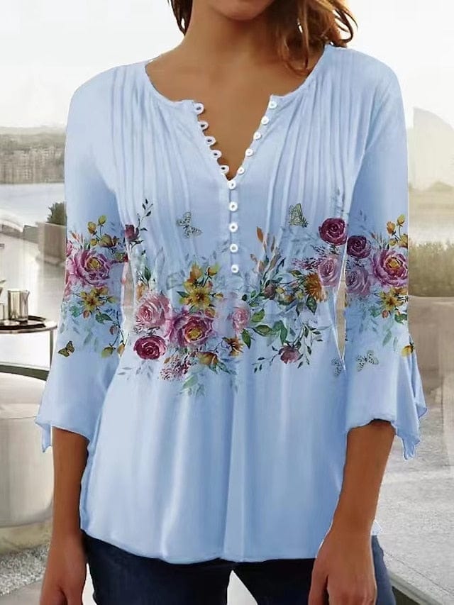 Floral Print Women's Blouse with 3/4 Length Sleeves and Regular Fit