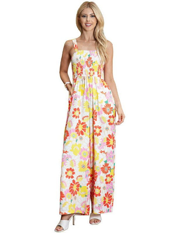 Floral Print Women's Bohemian Style Jumpsuit with Wide Leg Pants