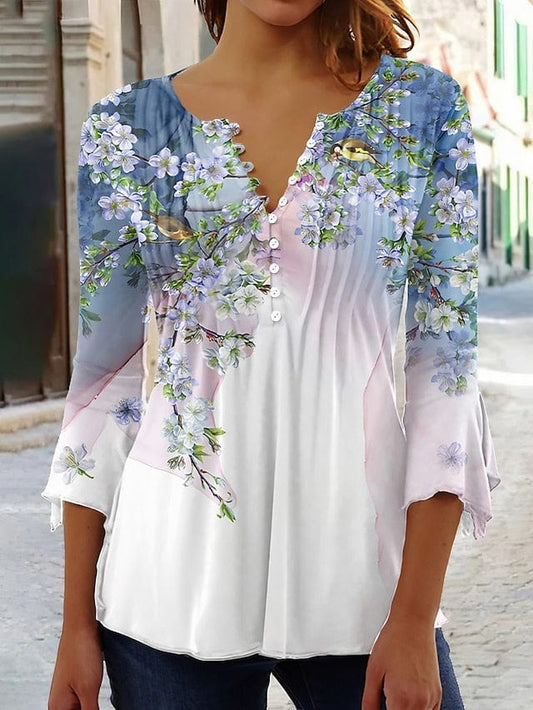 Floral Print Women's Henley Shirt for Casual Streetwear