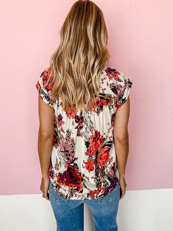 Floral Printed Short-Sleeve Women's Pullover Top