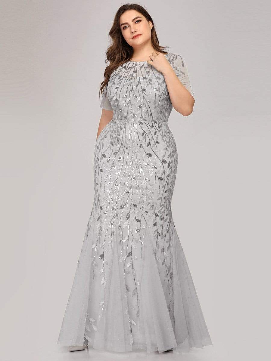 Floral Sequin Maxi Fishtail Tulle Prom Dress with Short Sleeve