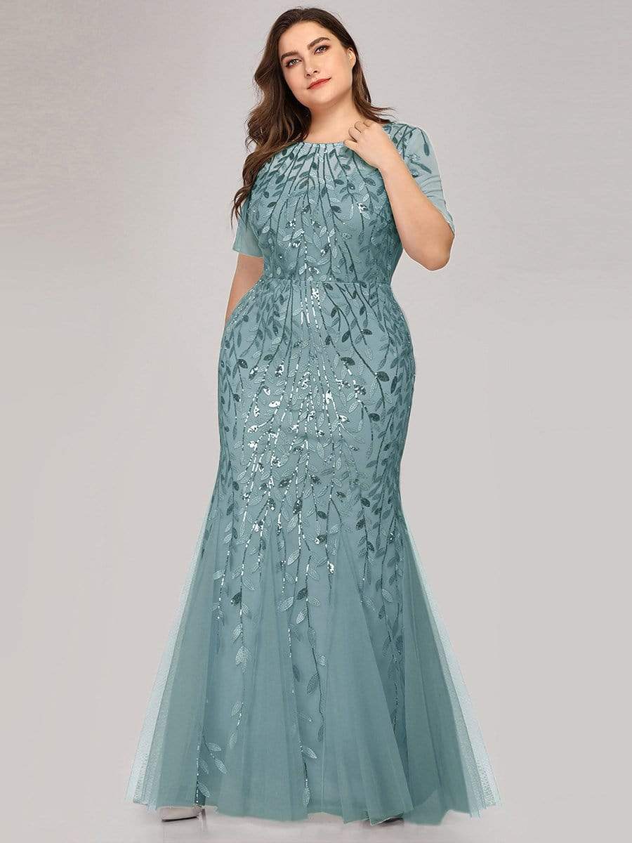 Floral Sequin Maxi Fishtail Tulle Prom Dress with Short Sleeve