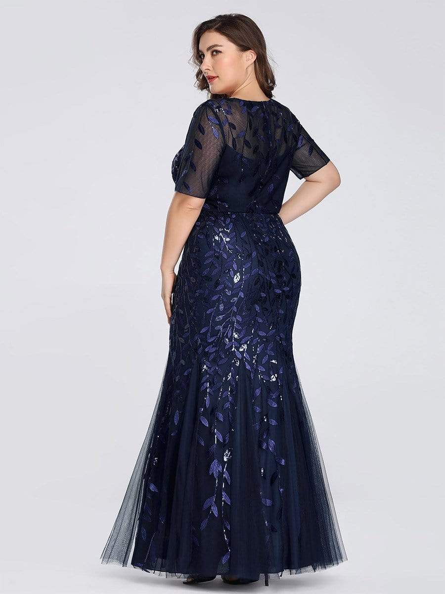 Floral Sequin Maxi Fishtail Tulle Prom Dress with Short Sleeve