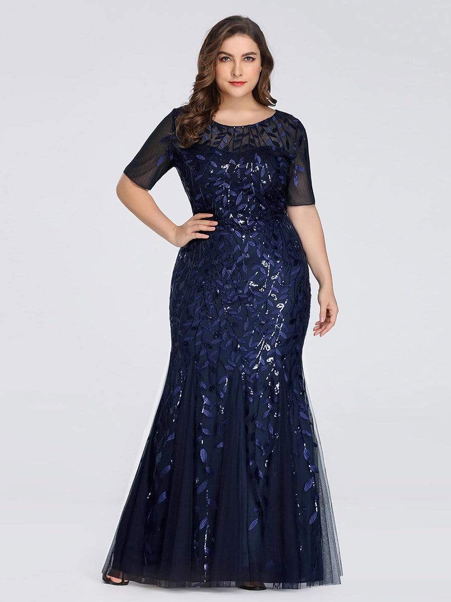 Floral Sequin Maxi Fishtail Tulle Prom Dress with Short Sleeve