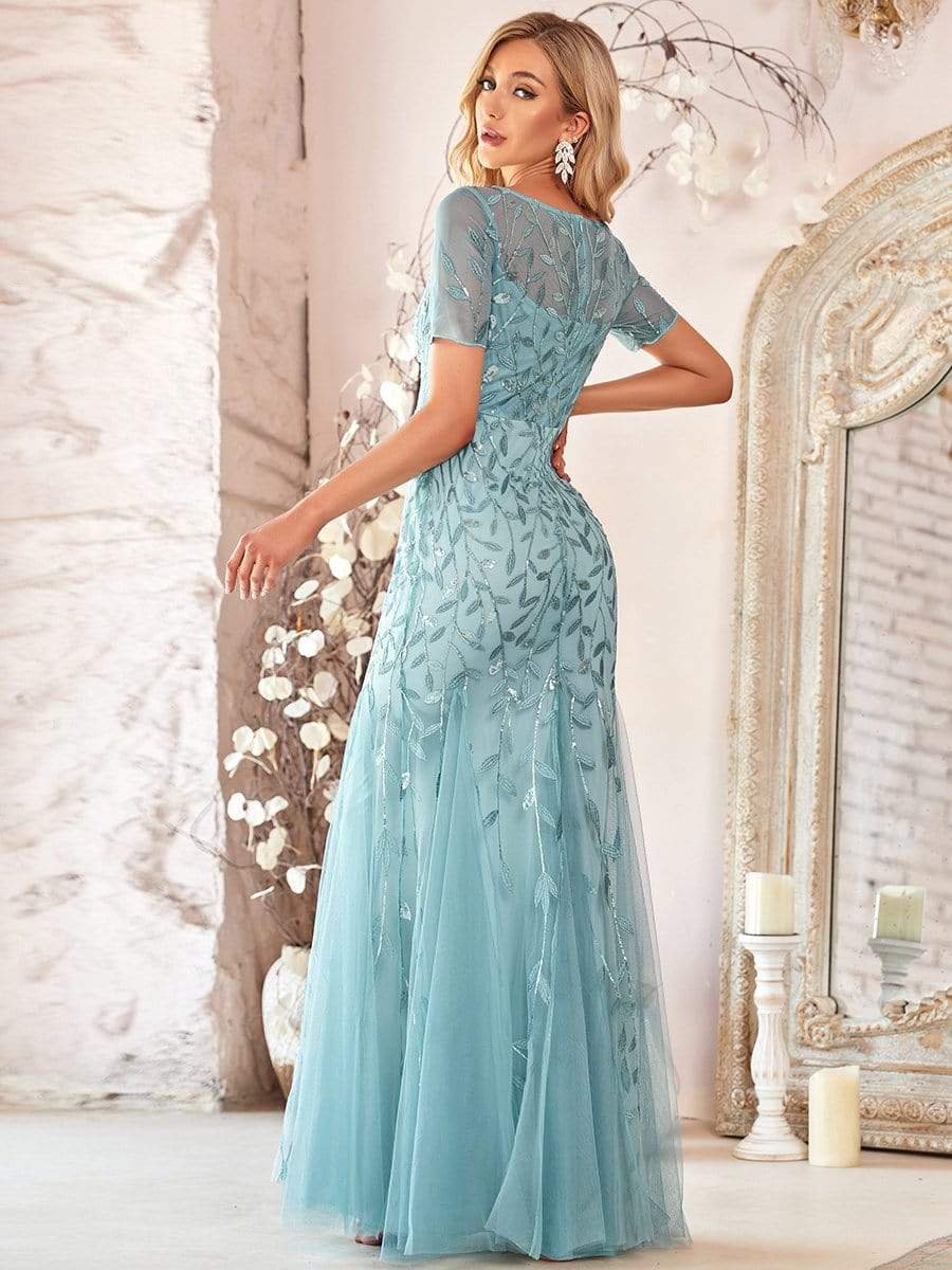 Floral Sequin Maxi Fishtail Tulle Prom Dress with Short Sleeve