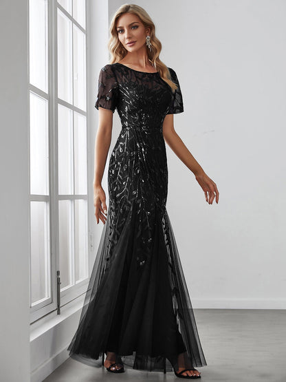 Floral Sequin Maxi Fishtail Tulle Prom Dress with Short Sleeve