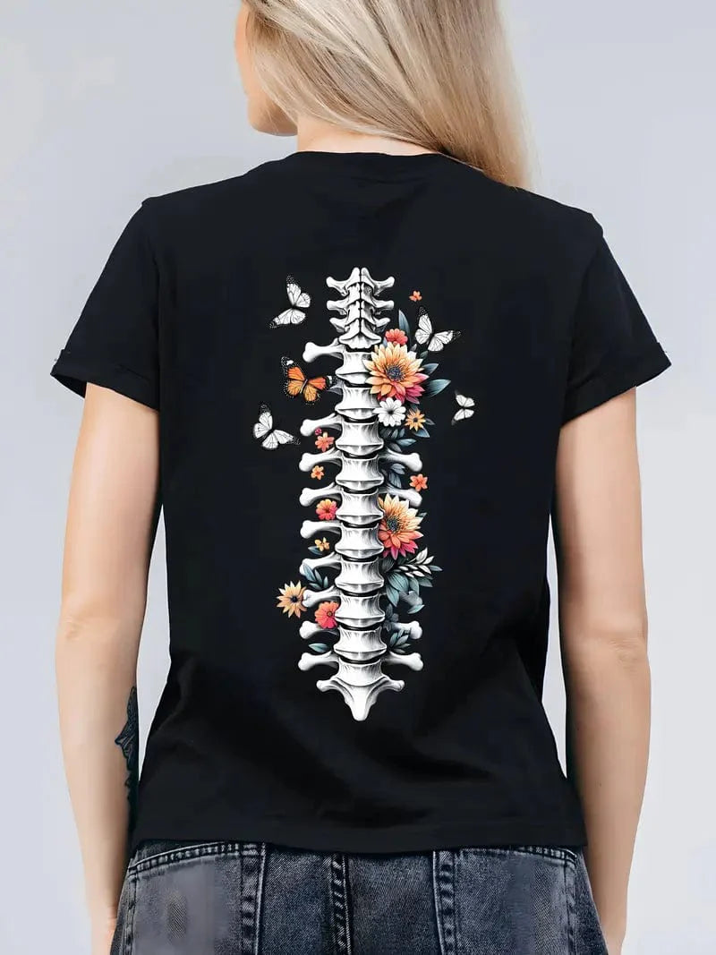 Floral & Skull Pattern Tee, Stylish Short Sleeve Crew Neck Top For Spring & Summer, Women's Fashion