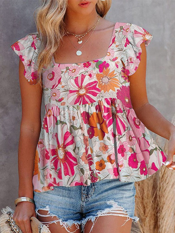 Floral Square Neck Chiffon Vest Sleeveless Top Silhouette Floral Print Summer Blouse