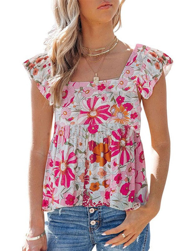 Floral Square Neck Chiffon Vest Sleeveless Top Silhouette Floral Print Summer Blouse