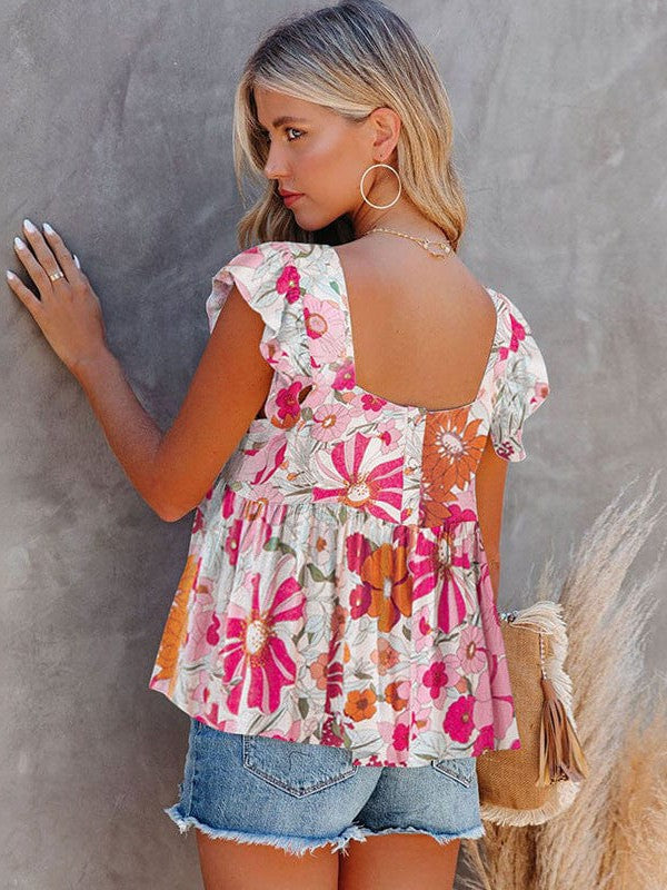 Floral Square Neck Chiffon Vest Sleeveless Top Silhouette Floral Print Summer Blouse