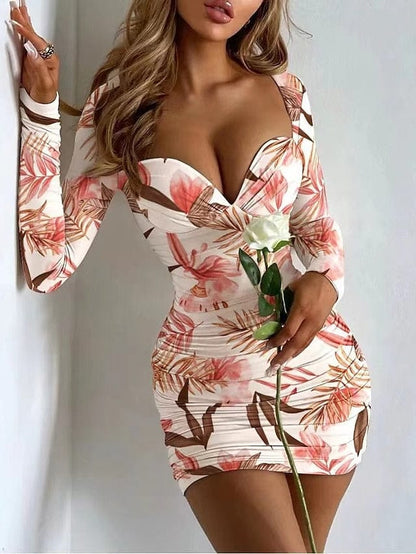 Floral Tie Dye Deep V Bodycon Sheath Dress with Long Sleeves for Women