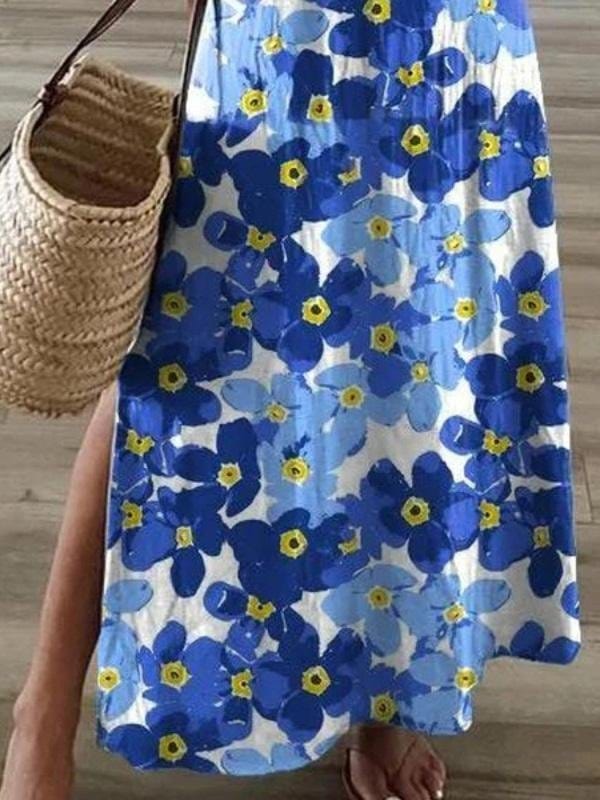 Flower Print V-Neck Short Sleeve Split Dress