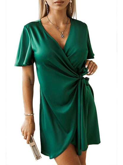 Flowing Short-Sleeved Dress with Draped Neckline in Solid Colors