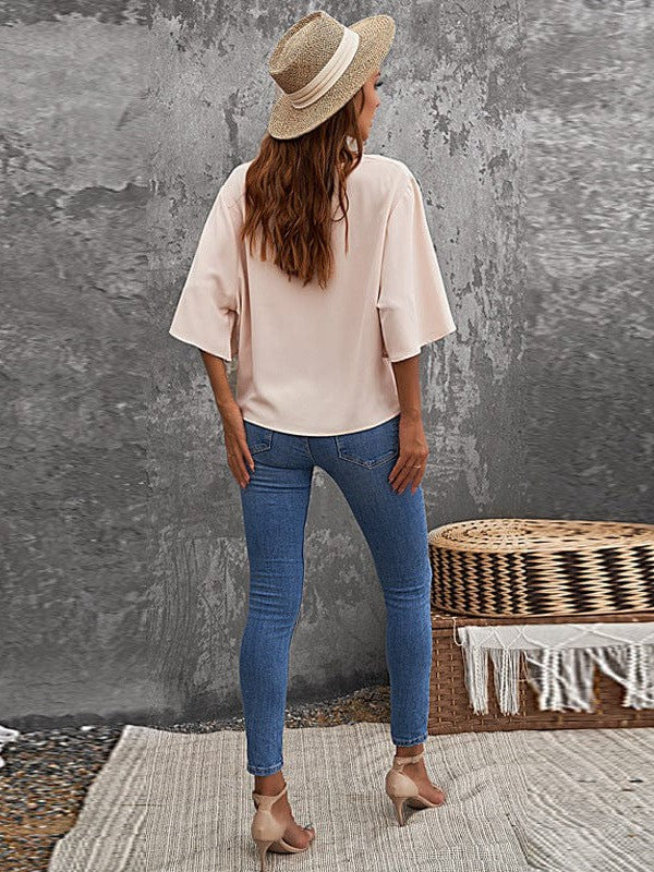 Flowy Trumpet Sleeve Chiffon Blouse with Pleated Details
