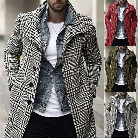 Elegant Men's Plaid Office Coat with V-Neck and Warmth