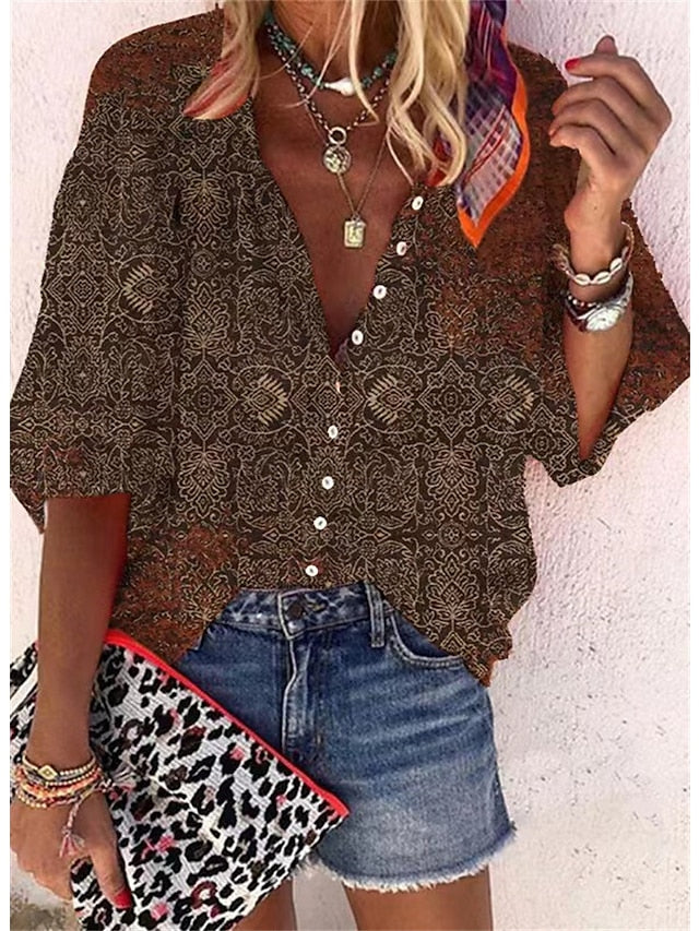 Stylish Women's Graphic Button Print Shirt Blouse with V Neck for Casual Chic