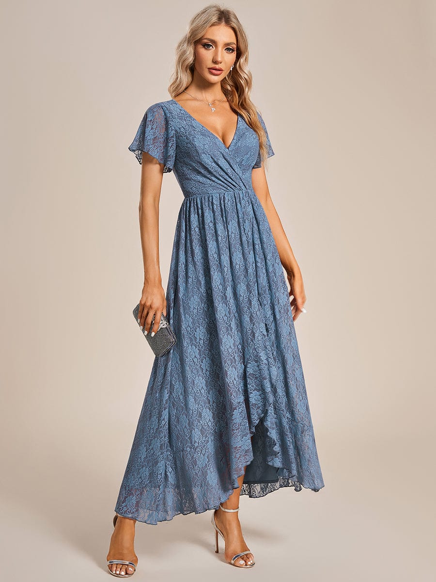 Pleated V-Neck Short Sleeve Ruffled Lace Evening Dress DRE230972515DNV4 Blue / 4
