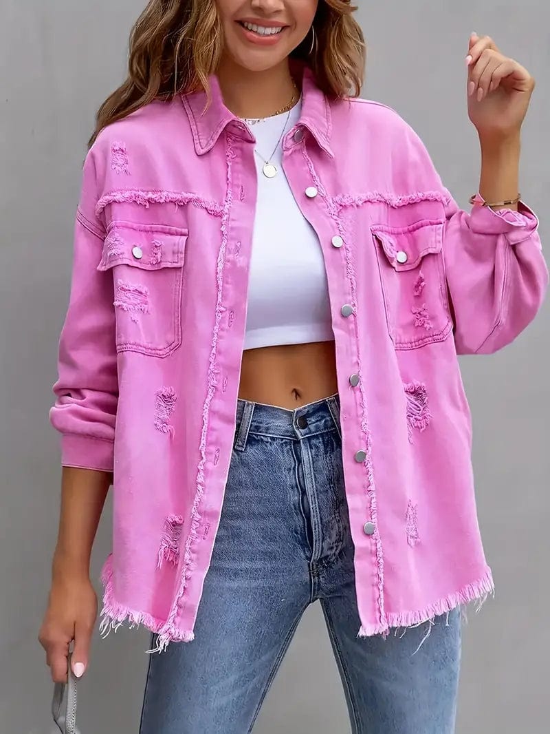 Frayed Edge Denim Jacket with Long Sleeves, Distressed Denim Coat with Ripped Details, Women's Denim Outerwear