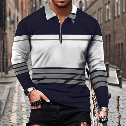 Men's Polo Shirt Golf Shirt Casual Daily Turndown Long Sleeve Sports Fashion Striped Zipper Print Spring &  Fall Regular Fit Black-White Army Green Navy Blue Green Dark Gray Gray Polo Shirt
