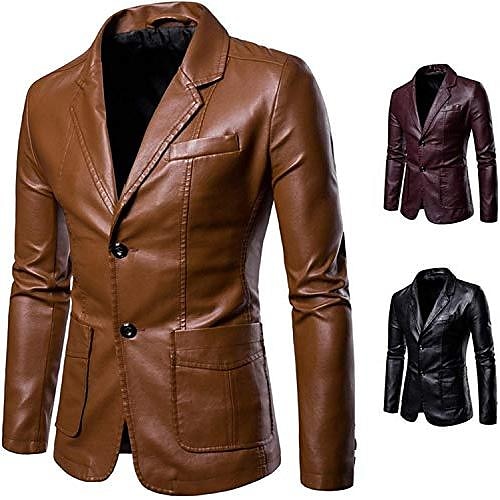 Men's Faux Leather Jacket Blazer Business Causal Thermal Warm Rain Waterproof Black Red Wine Navy Blue khaki Jacket