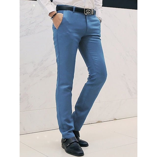 Men's Dress Pants Trousers Chino Pants Suit Pants Zipper Plain Ankle-Length Wedding Party Work Fashion Business Lake blue Black Micro-elastic
