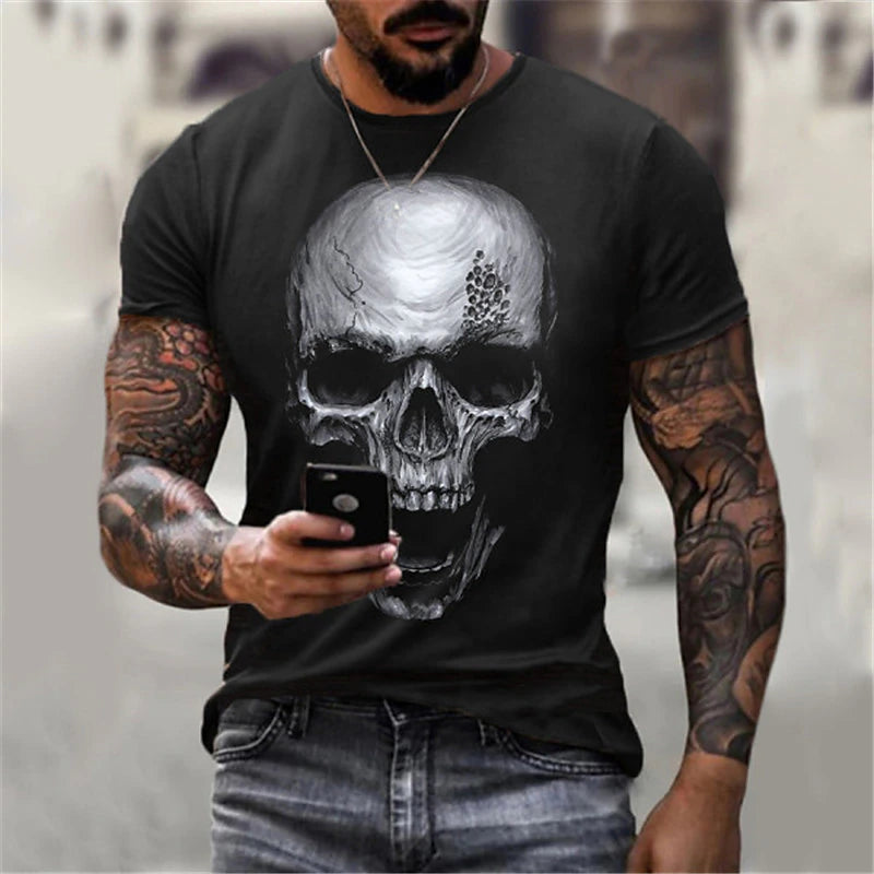 Skull Casual Mens 3D Shirt For Halloween | Black Summer Cotton | Men'S Unisex Tee Graphic Prints Round Neck 3D Zero Two Plus Size Daily Short