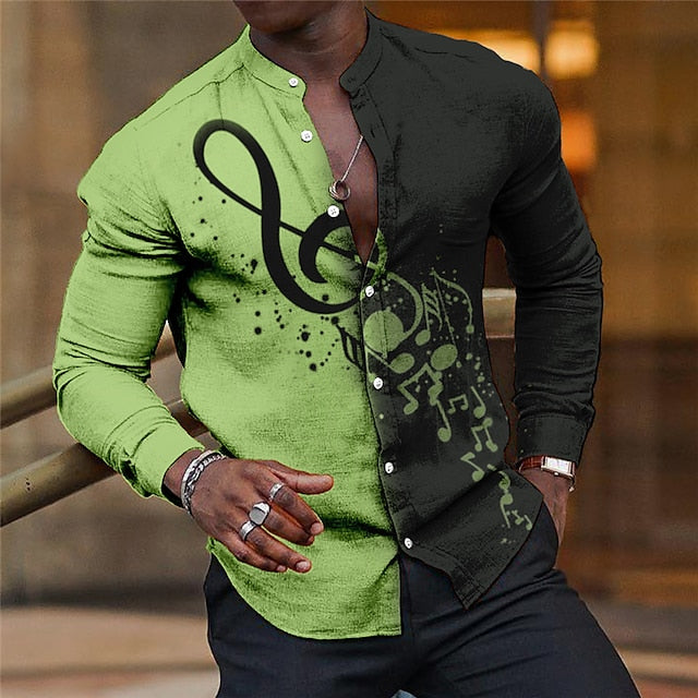 Music Note Linen Shirt Men's Casual Long Sleeve Stand Collar Shirt - Pink/Blue/Green/Khaki/Gray