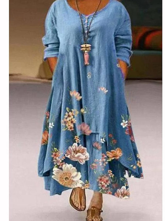 Floral V-Neck Long Sleeve Maxi Dress for Plus Size Women