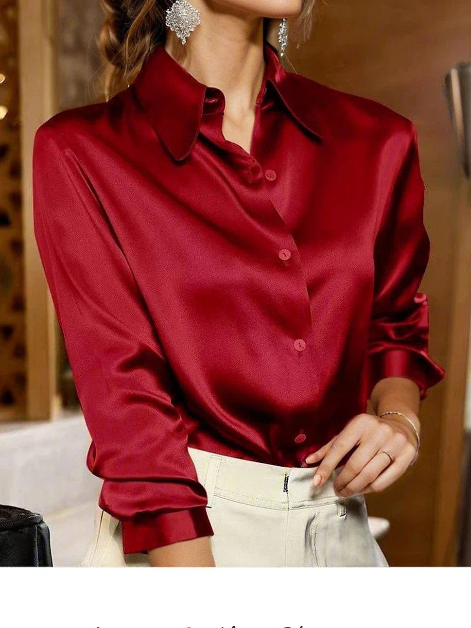 Women's Satin Plain Shirt Blouse with V-Neck and Long Sleeve