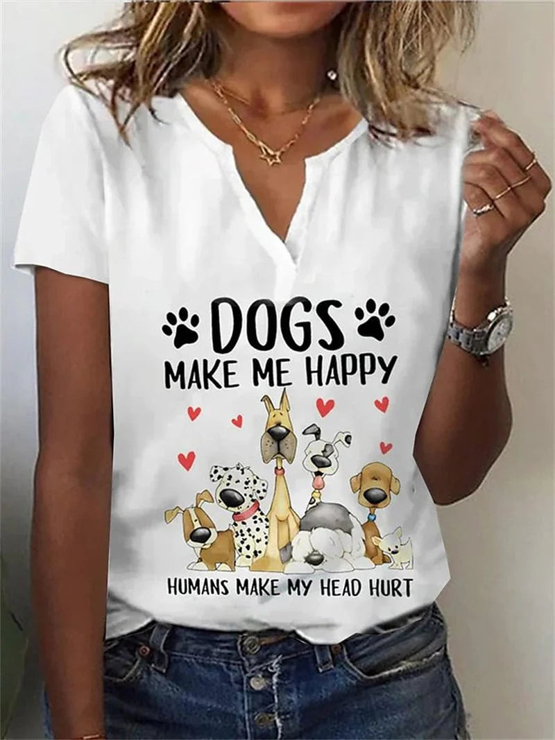 Trendy Women's Dog Print V-Neck T-Shirt with Short Sleeves