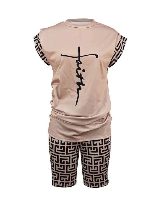 Geo Print Coordinated Set with Casual Short Sleeve Top and Biker Shorts, Women's Outfit