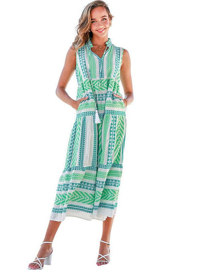 Geometric Print V-Neck Maxi Dress with Lace-Up Fringe Pockets