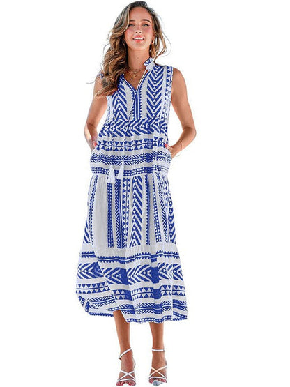 Geometric Print V-Neck Maxi Dress with Lace-Up Fringe Pockets