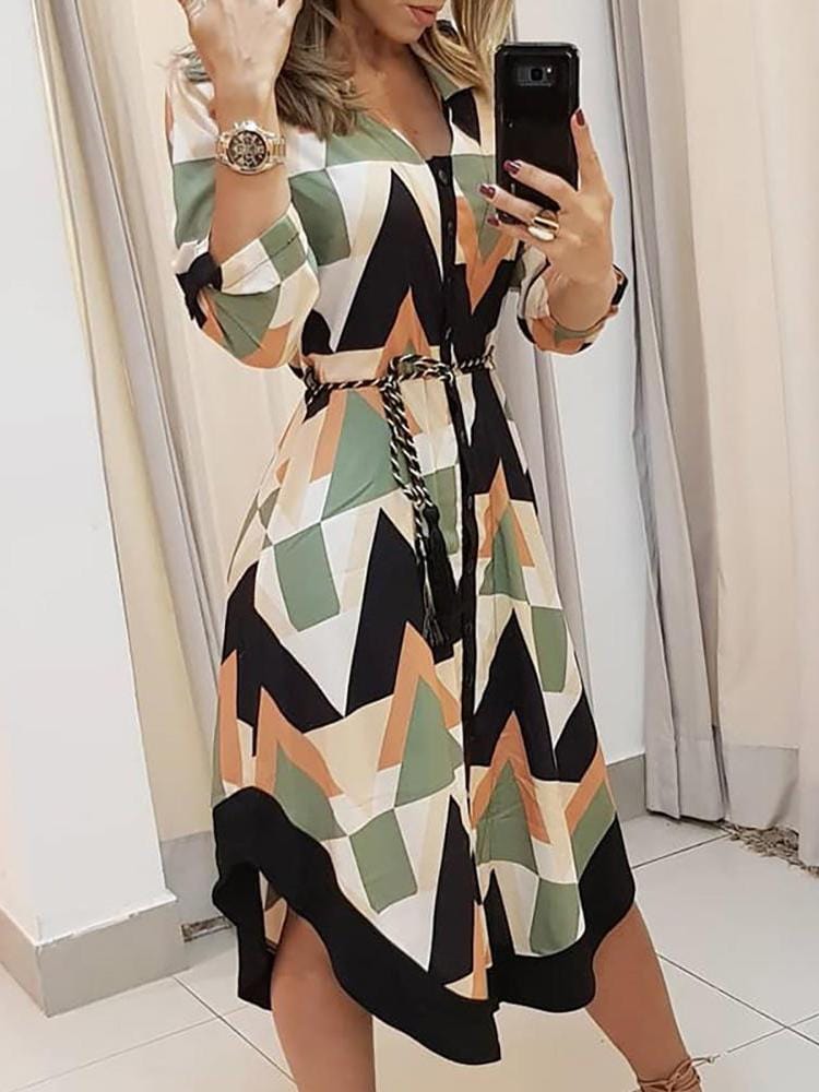 Geometric Print V-neck Shirt Dress With Belt