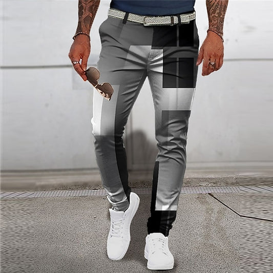 3D Geometry Print Men's Casual Pants - Pink/Blue/Green - S M L - Mid Waist Stretchy Outdoor Streetwear