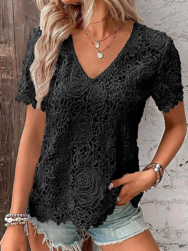 Women's T shirt Tee Black White Wine Plain Lace Short Sleeve Casual Basic V Neck Regular S - LuckyFash™