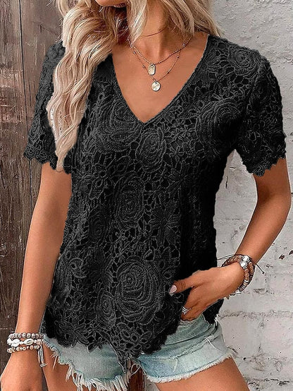 Lace Detail Women's Black and White V-Neck T-Shirt with Short Sleeves