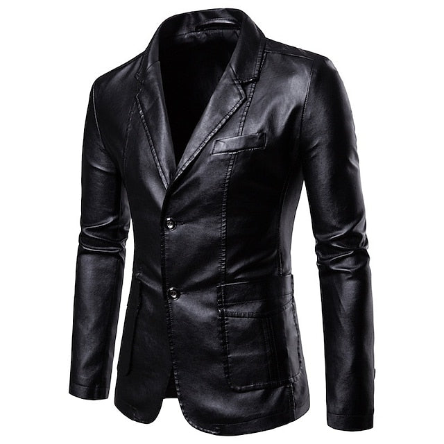 Men's Faux Leather Jacket Blazer Business Causal Thermal Warm Rain Waterproof Black Red Wine Navy Blue khaki Jacket