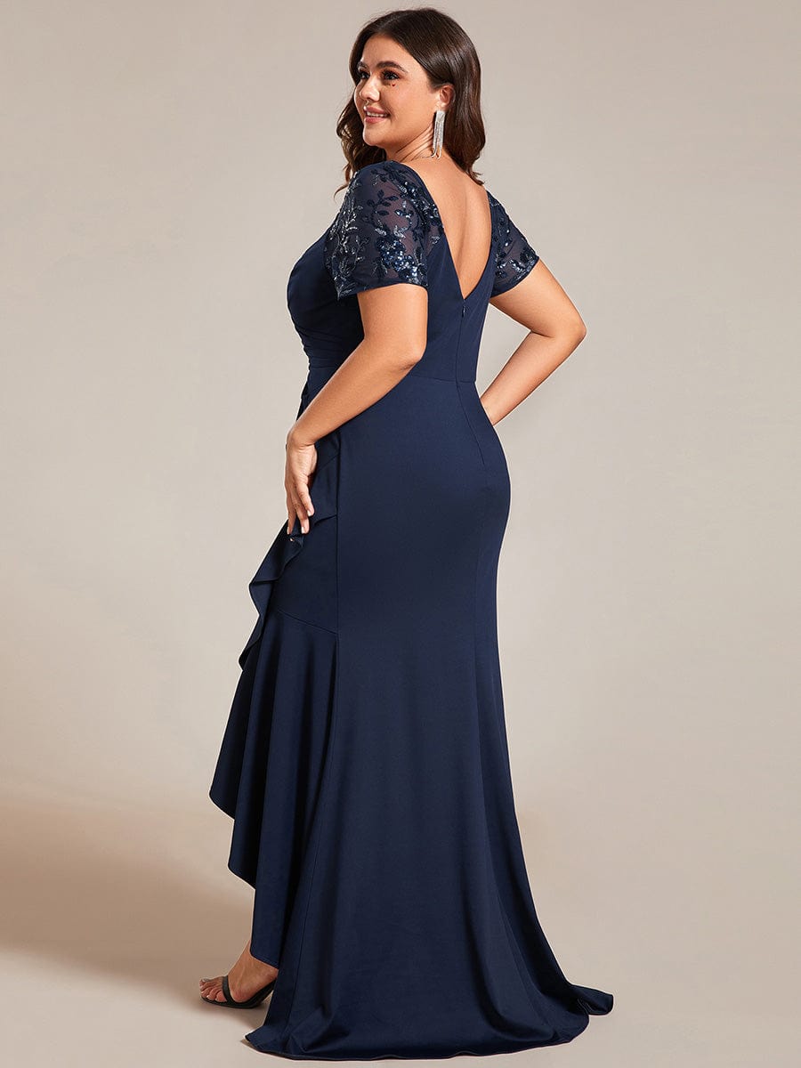 Glamorous V-Neck Sequin Sleeve Fishtail Evening Gown