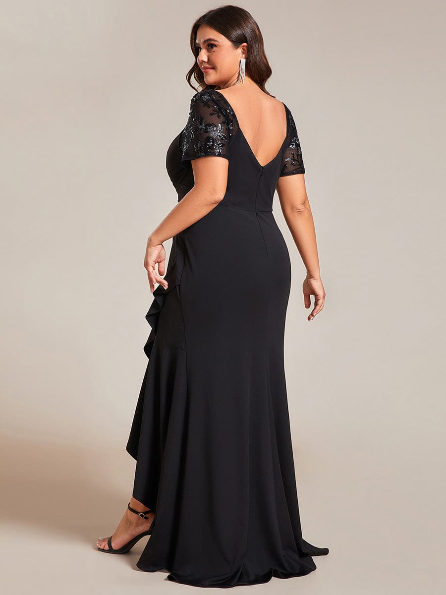 Glamorous V-Neck Sequin Sleeve Fishtail Evening Gown