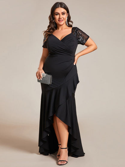 Glamorous V-Neck Sequin Sleeve Fishtail Evening Gown