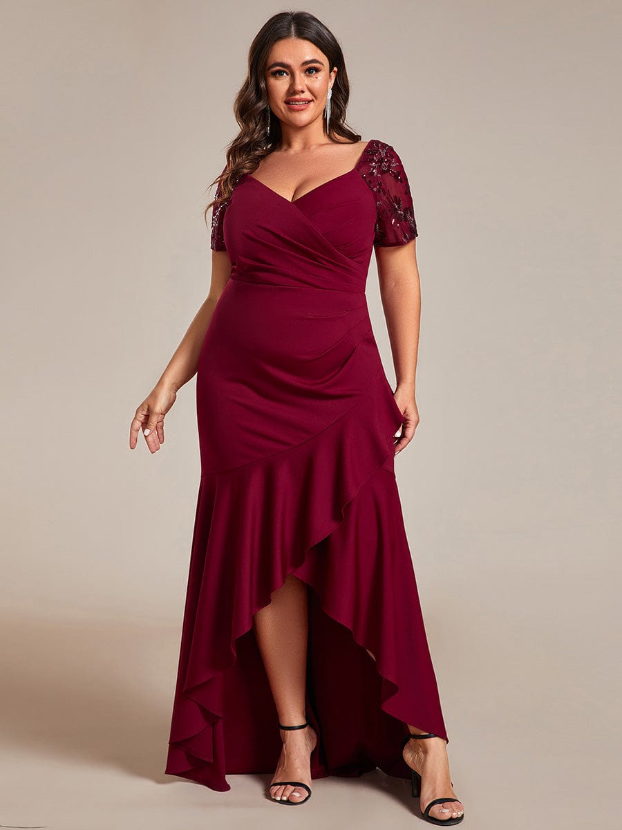 Glamorous V-Neck Sequin Sleeve Fishtail Evening Gown