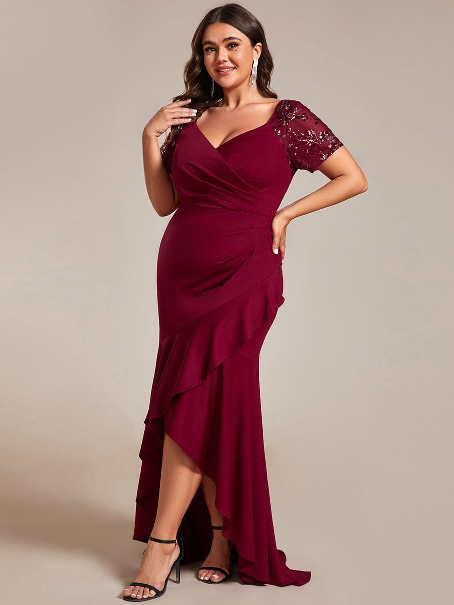 Glamorous V-Neck Sequin Sleeve Fishtail Evening Gown