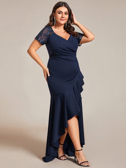 Glamorous V-Neck Sequin Sleeve Fishtail Evening Gown