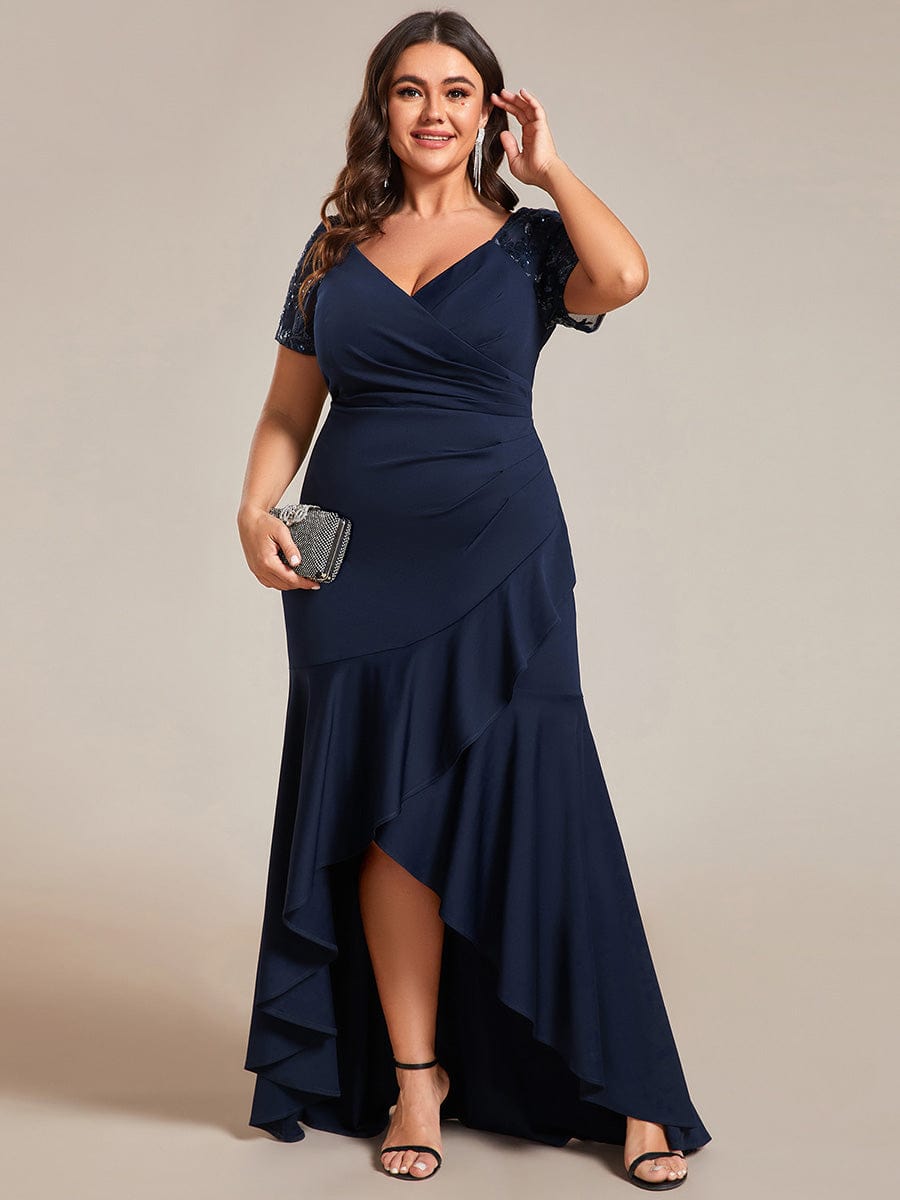 Glamorous V-Neck Sequin Sleeve Fishtail Evening Gown