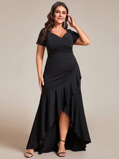 Glamorous V-Neck Sequin Sleeve Fishtail Evening Gown