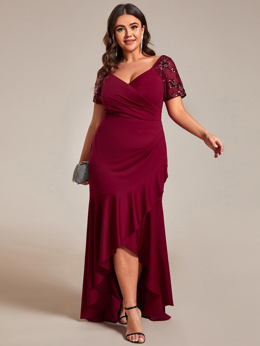 Glamorous V-Neck Sequin Sleeve Fishtail Evening Gown